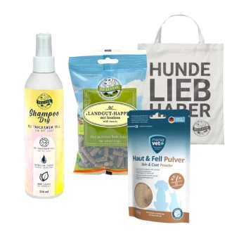 Haustierpflegeprodukte: "Shampoo Dry" Spray, "Landgut-Hund" Insektenleckerlis, "Shimun Skin" Ergänzungsmittel und eine "HUNDE LIEBHABER" Tragetasche.