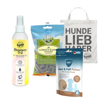 Haustierpflegeprodukte: "Shampoo Dry" Spray, "Landgut-Hund" Insektenleckerlis, "Shimun Skin" Ergänzungsmittel und eine "HUNDE LIEBHABER" Tragetasche.