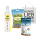 Haustierpflegeprodukte: "Shampoo Dry" Spray, "Landgut-Hund" Insektenleckerlis, "Shimun Skin" Ergänzungsmittel und eine "HUNDE LIEBHABER" Tragetasche.