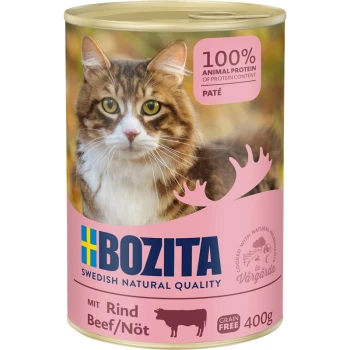Dosenfutter für Katzen mit einer flauschigen Katze auf dem Etikett, beschriftet mit "BOZITA" und "100% TIERPROTEIN" sowie "Rind" auf Deutsch.