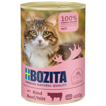 Dosenfutter für Katzen mit einer flauschigen Katze auf dem Etikett, beschriftet mit "BOZITA" und "100% TIERPROTEIN" sowie "Rind" auf Deutsch.