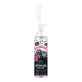 Flasche Bugalugs 2 in 1 Baby Fresh Entwirrungsschaumkamm für Haustiere, 150ml, mit Hund- und Katzenillustrationen.