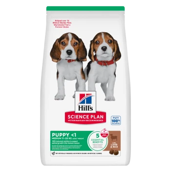 Hill's Science Plan Puppy <1 bag with two beagle puppies, 5 Essential Benefits badge, with Lamb & Rice and brand logo.
