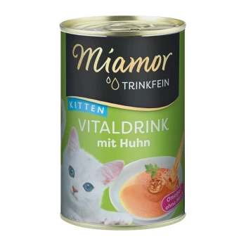 Miamor Trinkfein Vitaldrink für Kätzchen, mit einem weißen Kätzchen auf dem Etikett, mit Text, der Hühnergeschmack und omega-reiche Zutaten angibt.