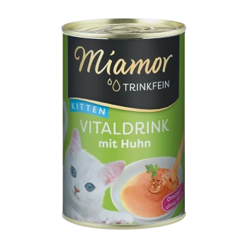 Miamor Trinkfein Vitaldrink für Kätzchen, mit einem weißen Kätzchen auf dem Etikett, mit Text, der Hühnergeschmack und omega-reiche Zutaten angibt.