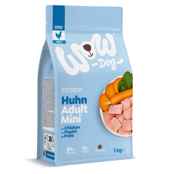Blaue WOW-Dog Huhn Adult Mini Hundefuttertüte, 1 kg, Schüssel mit Huhn, Karotten und Spinat, Hergestellt in Österreich