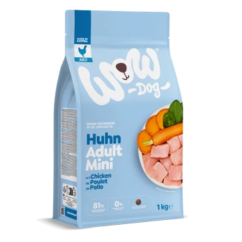 Blaue WOW-Dog Huhn Adult Mini Hundefuttertüte, 1 kg, Schüssel mit Huhn, Karotten und Spinat, Hergestellt in Österreich