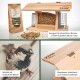 Holz-Vogelfutterspender mit klappbarem Dach, gefüllt mit Vogelfutter, neben einem Sack Wildvogelfutter, der Wetterfestigkeit und Vielseitigkeit betont.