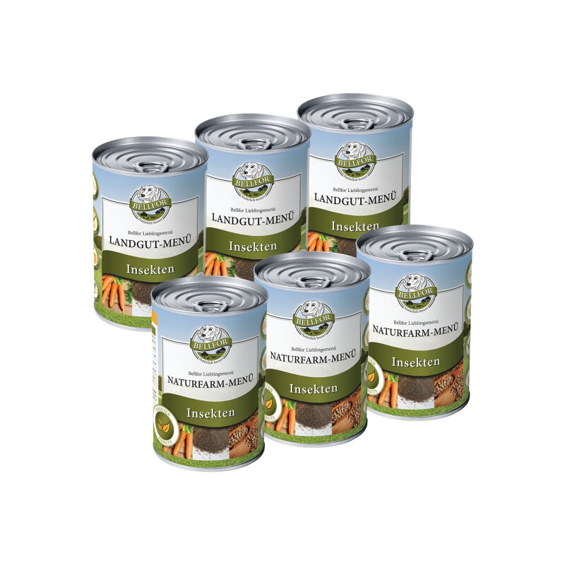 Bellfor Nassfutter auf Insektenbasis: Starter-Paket mit Landgut-Menü (3 Dosen) &amp; Naturfarm-Menü (3 Dosen)