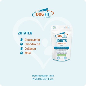 Dog Fit Joints elements Supplementbeutel mit Logo und deutscher Zutatenliste: Glucosamin, Chondroitin, Kollagen, MSM.