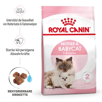 Mother & Babycat 400 g Royal Canin Mother & Babycat Trockenfutterverpackung für Katzen, mit einer Mutterkatze und einem Kätzchen, mit Text, der auf Gesundheitsunterstützung und Rehydrierung hinweist.