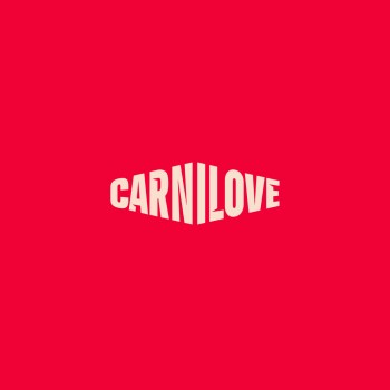 Logo CARNILOVE en texte stylisé couleur crème centré sur un fond rouge uni