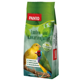 PANTO Exoten- und Kanarienfutter-Tüte mit einem gelben Kanarienvogel und einem bunten Fink, die die Vitamine A, D, E und Mineralien hervorhebt.