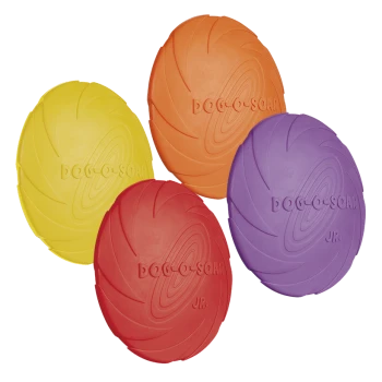 Quatre frisbees colorés pour chiens en jaune, rouge, orange et violet, étiquetés 'DOG-O-SOAR JR.' avec une surface texturée.