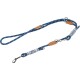 Blue and white patterned dog leash with leather accents and metal clips, designed for durability and style.