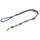 Blue and white patterned dog leash with leather accents and metal clips, designed for durability and style.