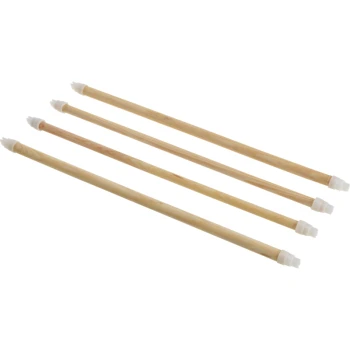 Four wooden pet training sticks with white rubber tips, arranged in a row against a white background.