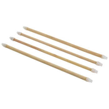 Four wooden pet training sticks with white rubber tips, arranged in a row against a white background.