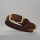 Brauner Leder-Hundehalsband mit einer goldenen Schnalle und D-Ring, vor einem neutralen grauen Hintergrund präsentiert.