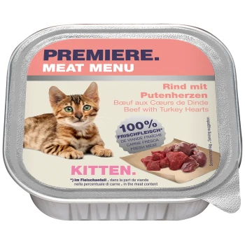 Ein braun gestreifter Kätzchen schaut den Betrachter auf der Verpackung des "Premiere Meat Menu" an, das Rind- und Truthahnherzen zeigt, gekennzeichnet mit "100% Frischfleisch."