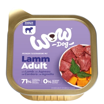 WoW Dog Adult Lamm Nassfutter für Hunde, 71 % Fleisch & Innereien, getreide- und glutenfrei, hergestellt in Österreich, violette Verpackung mit Fleischabbildung.