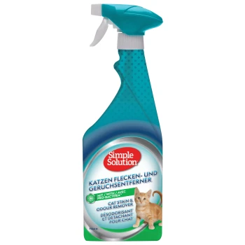 Butelka sprayu Simple Solution Cat Stain & Odour Remover, z grafiką zabawnego kociaka, z tekstem w języku niemieckim i angielskim.