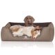 Ein gemütliches Hundebett in neutralem Farbton mit einem verspielten Australian Shepherd, der bequem liegt, mit dem Markennamen "KNUFFELWUFF."