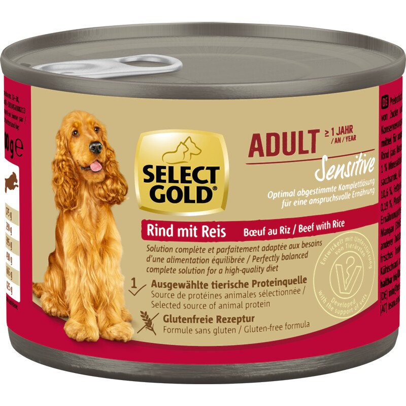 SELECT GOLD natvoer hond Sensitive Adult Rund met rijst 6x200 g