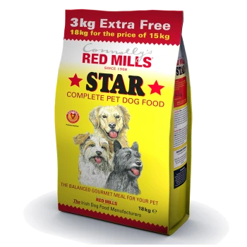 Yellow bag of Connolly's Red Mills STAR Complete Pet Dog Food, 18 kg, with images of happy dogs and "3kg Extra Free" text.