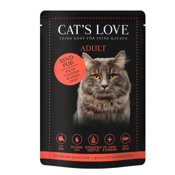 Die Verpackung des Cat's Love Erwachsenenfutter zeigt das Gesicht einer grauen Katze und hebt 71% Rindfleisch, Omega 3 & 6, Taurin, Vitamine und natürliche Zutaten hervor.