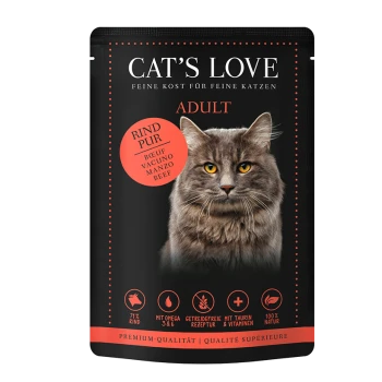 Die Verpackung des Cat's Love Erwachsenenfutter zeigt das Gesicht einer grauen Katze und hebt 71% Rindfleisch, Omega 3 & 6, Taurin, Vitamine und natürliche Zutaten hervor.