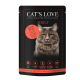 L'emballage de la nourriture pour chats Cat's Love montre le visage d'un chat gris, mettant en avant 71 % de boeuf, oméga 3 et 6, taurine, vitamines et ingrédients naturels.