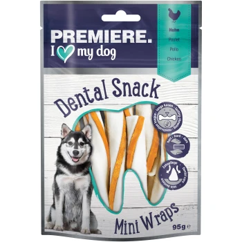 Dental Snack Mini Wraps for dogs, featuring chicken flavor, with a 95g package. Includes icons for dental care and chew hardness.