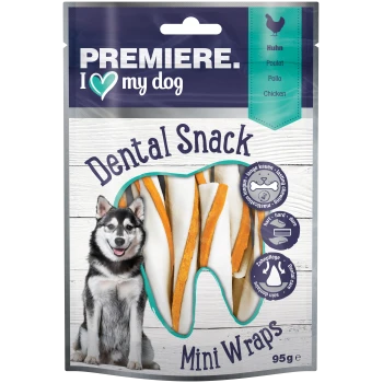Dental Snack Mini Wraps für Hunde, mit Hühnergeschmack, in einer 95g Verpackung. Enthält Symbole für Zahnpflege und Kaustärke.