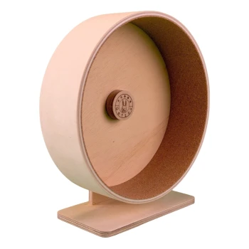 Holz-Laufrad für kleine Haustiere, mit einer glatten Oberfläche und einem stabilen Sockel, mit einem Logo auf der Vorderseite.