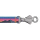 Eine bunte Hundeleine mit einem Berglandschaftsdesign in Blau-, Pink- und Orangetönen, mit einem silbernen Metallclip, beschriftet mit 'RUFFWEAR.'