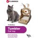 Graue Katze sitzt neben einem hölzernen Tumbler-Katzenspielzeug mit bunten Bällen und Federn, beschriftet mit "Tumbler Cat toy" in lila Text.