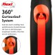 Flexi 360° Leinen-System mit einem roten Riemen und orangefarbenem Griff, mit Text über sein verwicklungsfreies Design und Funktionalität.