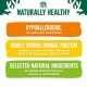 Image promoting pet food with text: "Naturally Healthy," "Hypoallergenic," "Single Source Protein," "No artificial ingredients."