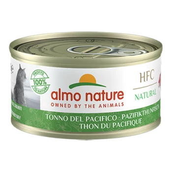 Nourriture pour chat en conserve par Almo Nature, étiquetée "HFC Naturel," avec du thon du Pacifique. Le texte inclut "100% Naturel" et un nom de produit multilingue.