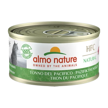 Dosenfutter für Katzen von Almo Nature, gekennzeichnet mit 'HFC Natural', mit Pazifischem Thunfisch. Der Text enthält '100% Natürlich' und einen mehrsprachigen Produktnamen.