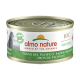 Nourriture pour chat en conserve par Almo Nature, étiquetée "HFC Naturel," avec du thon du Pacifique. Le texte inclut "100% Naturel" et un nom de produit multilingue.