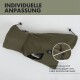 Grüne Hundejacke mit verstellbaren Kordeln am Hals und Schwanz, mit dem Text "INDIVIDUELLE ANPASSUNG."