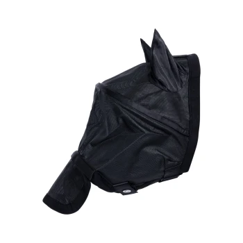 Schwarze Netzmaulschlaufe für Haustiere mit spitzen Ohren und verstellbaren Riemen, entworfen für Komfort und Sicherheit während der Spaziergänge.