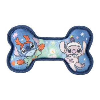 Blue bone-shaped dog toy featuring Stitch and Angel characters in holiday attire with stars and snowman background.