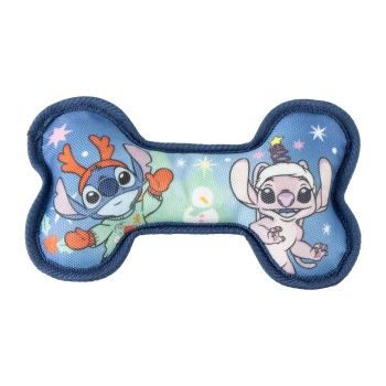 Blue bone-shaped dog toy featuring Stitch and Angel characters in holiday attire with stars and snowman background.