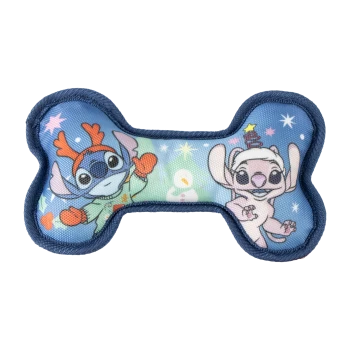 Blue bone-shaped dog toy featuring Stitch and Angel characters in holiday attire with stars and snowman background.