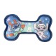 Blue bone-shaped dog toy featuring Stitch and Angel characters in holiday attire with stars and snowman background.