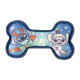 Blue bone-shaped dog toy featuring Stitch and Angel characters in holiday attire with stars and snowman background.