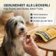 Hund erhält von Hand ein herzförmiges Leckerli, gelbe VETINESS-Tasche auf dem Tisch, sichtbarer Text ‚GESUNDHEIT ALS LECKERLI‘.